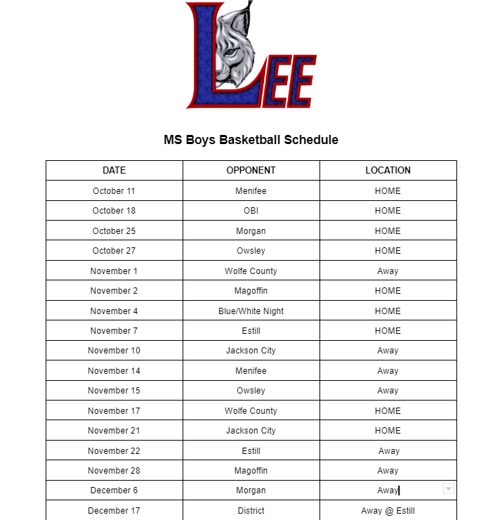 MS Boys Basketball Schedule